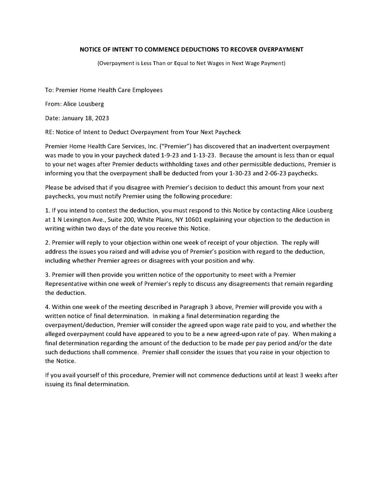 NOTICE OF INTENT TO COMMENCE DEDUCTIONS TO RECOVER OVERPAYMENT