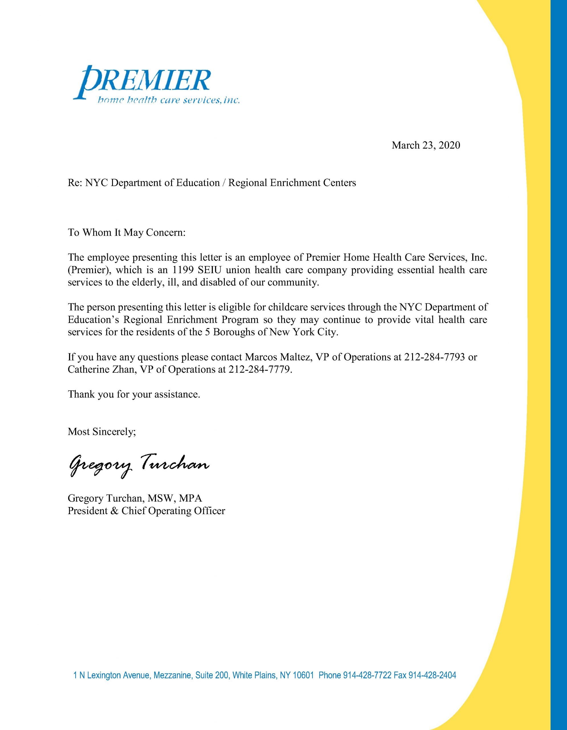 Coronavirus NYC Childcare Letter